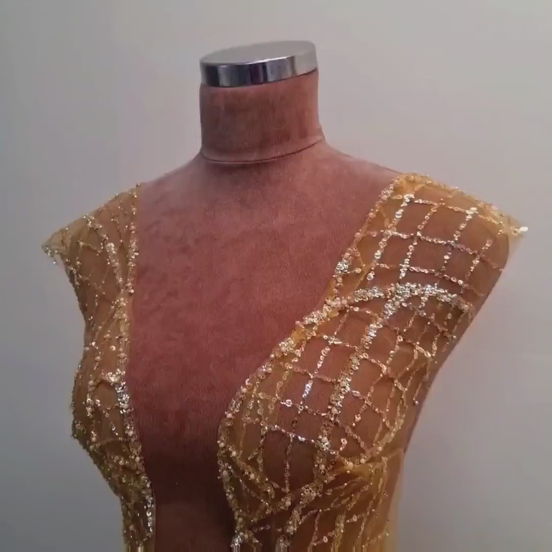 LL-1482, modern beaded bridal lace fabric with abstract net design in dark yellow color