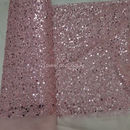 Beaded bridal lace fabric with sequins in rosé-pink, Pallas Couture Lace Fabric, luxurious beaded wedding dress lace, designer lace LL-1441