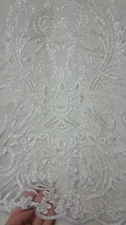 Beautiful ornamental lace fabric in ivory color, Bridal lace fabric, Embroidered lace fabric for wedding dresses or evening dresses LL-1140