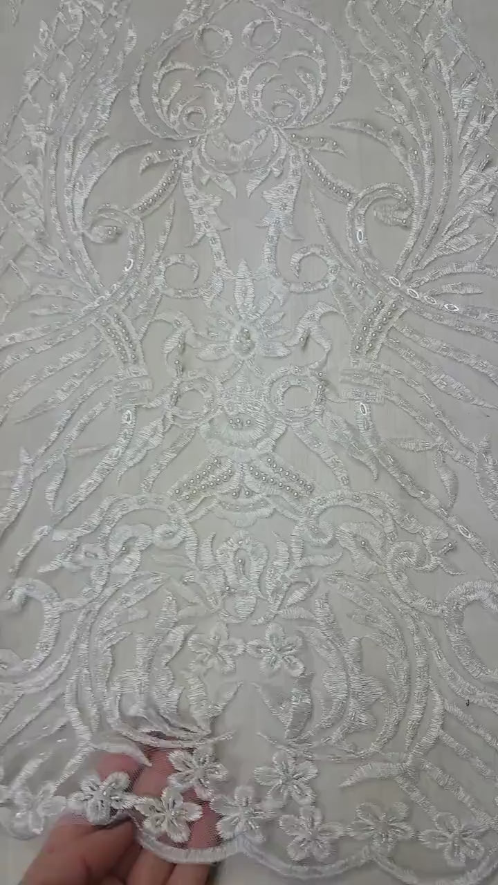 Beautiful ornamental lace fabric in ivory color, Bridal lace fabric, Embroidered lace fabric for wedding dresses or evening dresses LL-1140