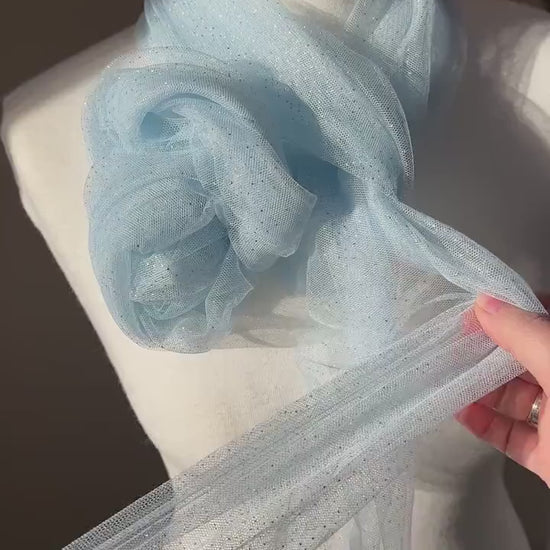 sparkling soft mesh tulle in light blue color with silver print dots LL-1483