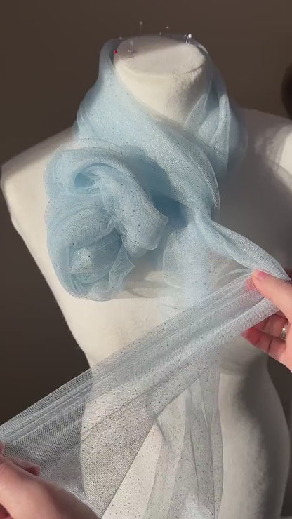 sparkling soft mesh tulle in light blue color with silver print dots LL-1483