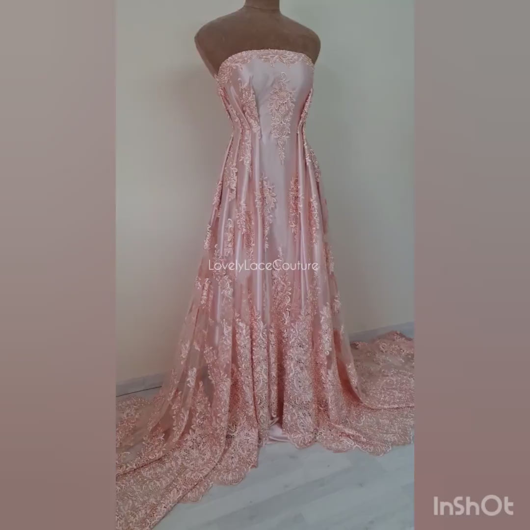 Beaded bridal lace fabric in peach color, Couture Lace Fabric, wedding dress lace, designer lace, ornamental flower lace per yard LL-1428