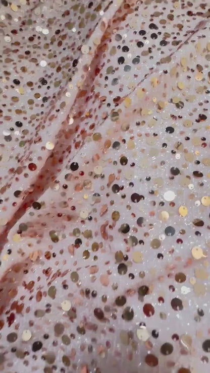 rosé mesh fabric with shiny sequins in roségold, slightly stretchy, knit fabric for dresses, tops, trousers or jumpsutis LL-1304