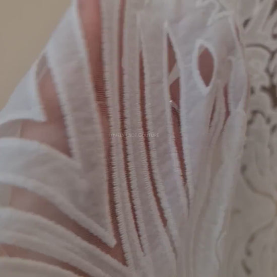 LL-1538, Stunning ornamental lace tulle fabric with cut outs in off-white color, lace per meter