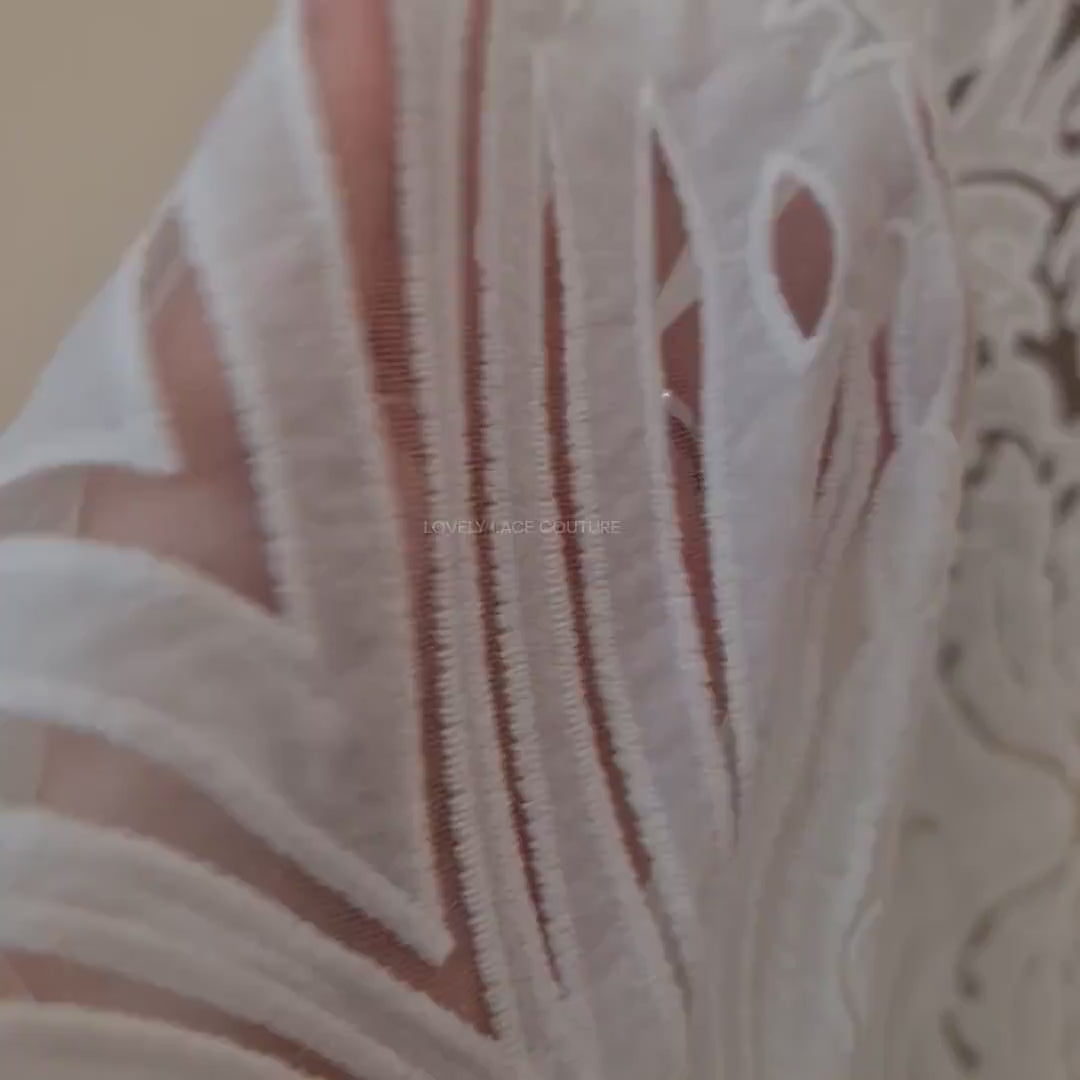 LL-1538, Stunning ornamental lace tulle fabric with cut outs in off-white color, lace per meter