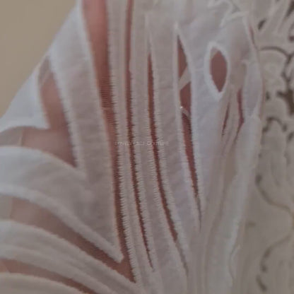LL-1538, Stunning ornamental lace tulle fabric with cut outs in off-white color, lace per meter
