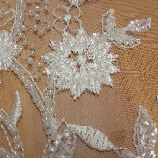 Lovely Flower bridal lace fabric with beads and sequins by yards, luxurious beaded wedding dress lace LL-1399 off-white or icegold LL-1449