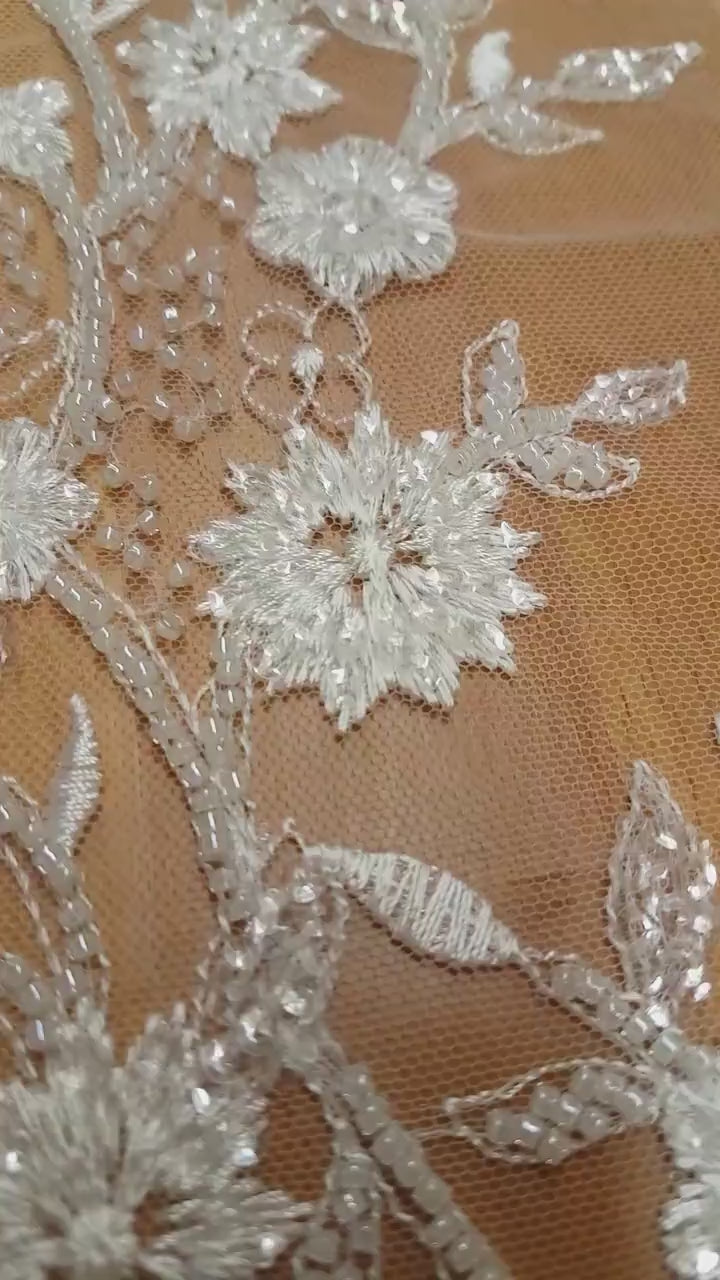 Lovely Flower bridal lace fabric with beads and sequins by yards, luxurious beaded wedding dress lace LL-1399 off-white or icegold LL-1449