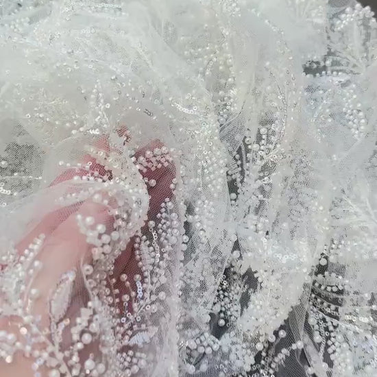 LL-1560, Exquisite bridal lace fabric with beads in off-white color, weddinglace with leaf design, starts at 0,5m