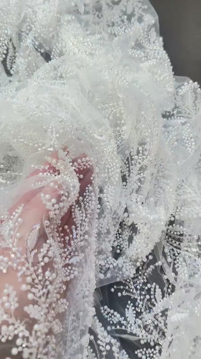 LL-1560, Exquisite bridal lace fabric with beads in off-white color, weddinglace with leaf design, starts at 0,5m