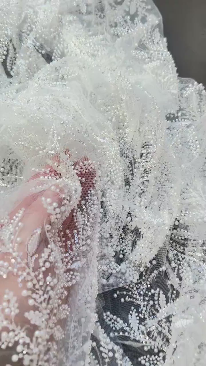 LL-1560, Exquisite bridal lace fabric with beads in off-white color, weddinglace with leaf design, starts at 0,5m