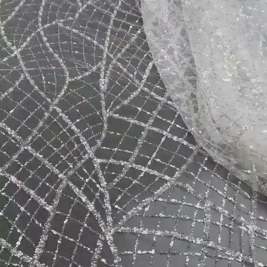 LL-1481, modern beaded bridal lace fabric with abstract net design in white color