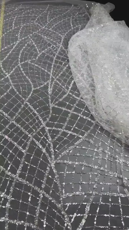 LL-1481, modern beaded bridal lace fabric with abstract net design in white color
