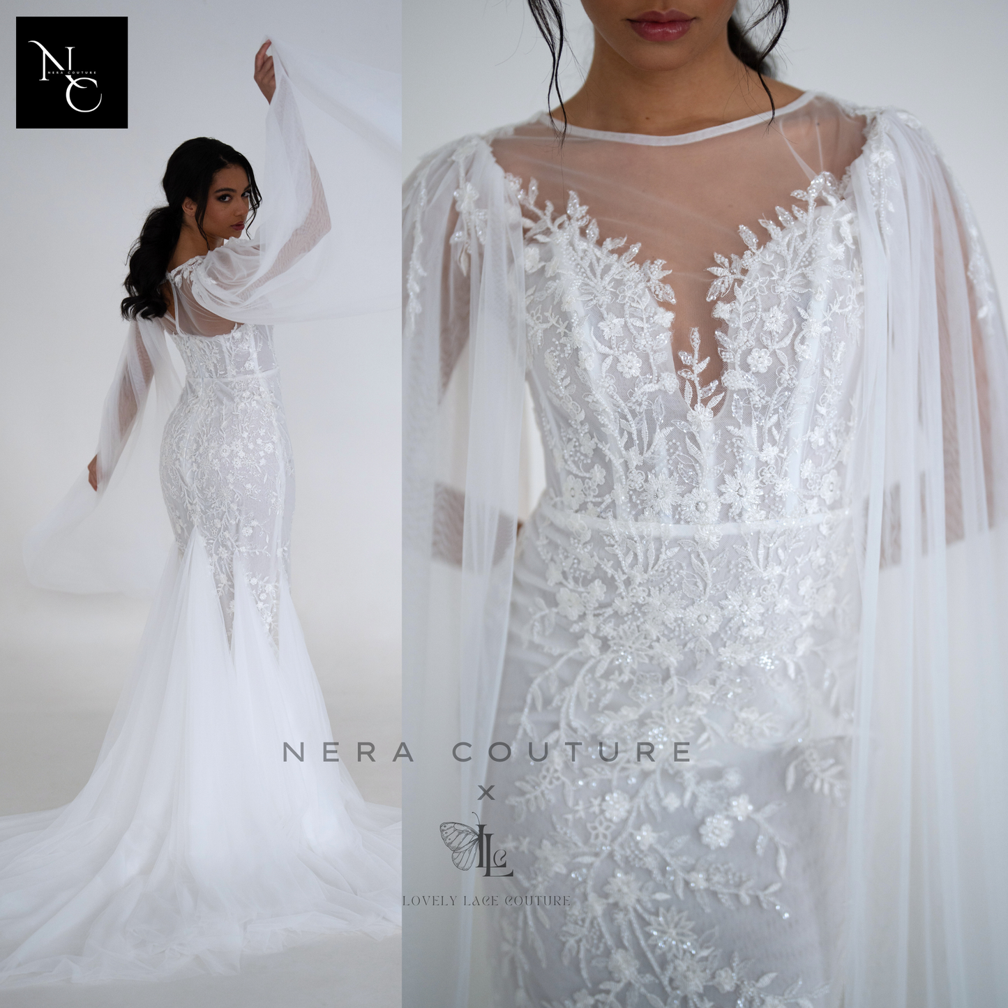 Serena Dress - Handmade white weddingdress with beaded lace corset in mermaid stlye