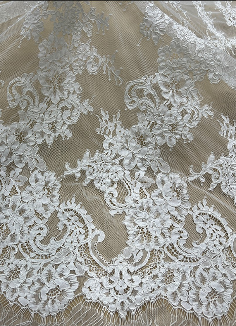 White Chantilly French Lace Fabric / Bridal Eyelash Cord Mesh Lace Fabric for Wedding Dress / Guipure Lace / LL-1595
