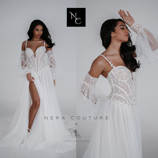 EVA - Dress, wedding dress with low basque waist, sleeves and a-line skirt with high slit